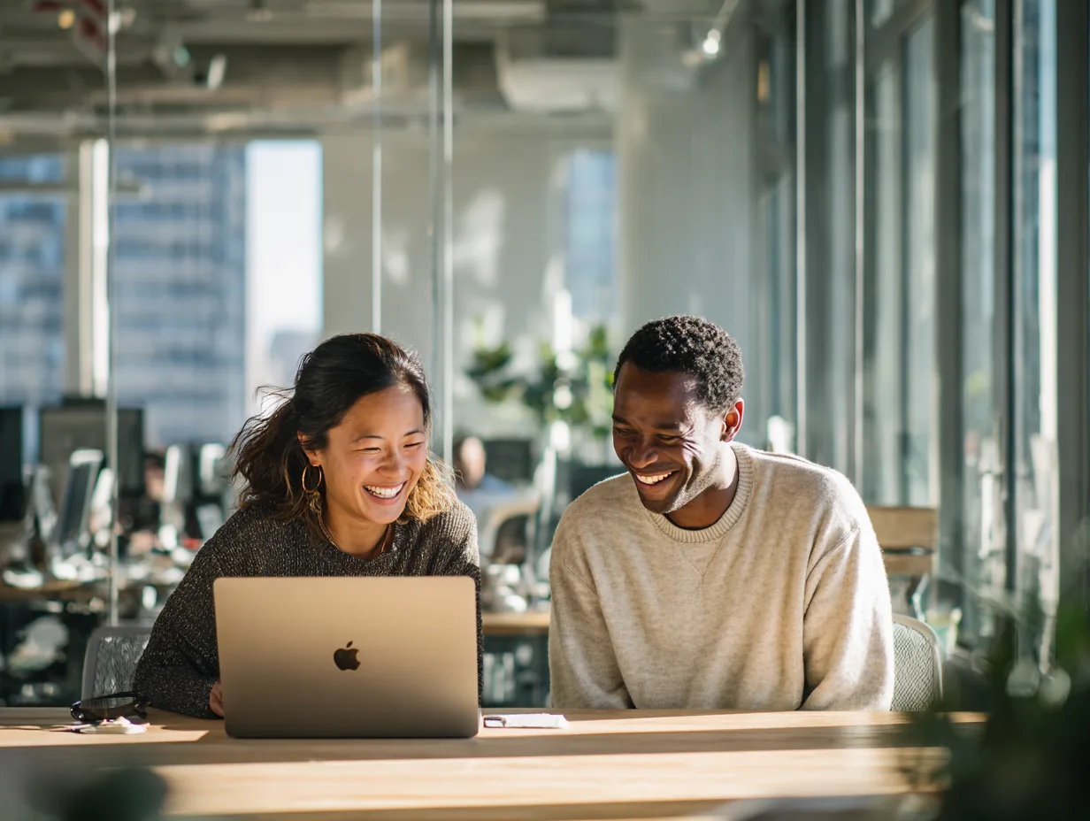 Two colleagues laughing at a laptop in a sunlit office
