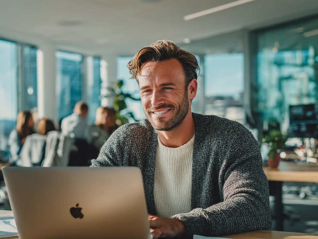 A business leader working with Claude on a laptop